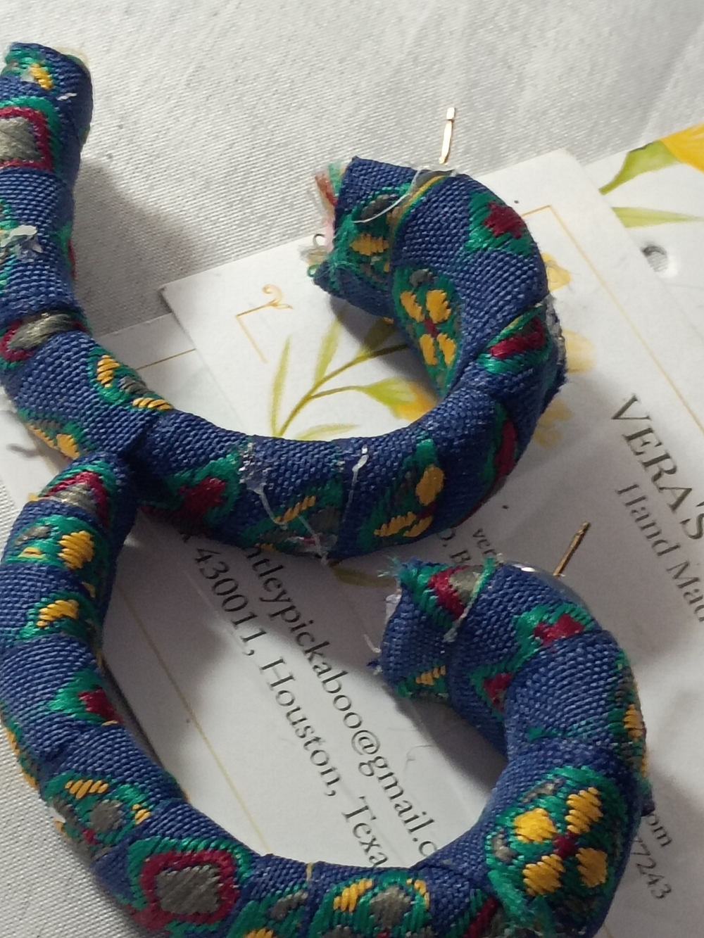 Blue Floral Wrapped Hoop Earrings - Handcrafted Fabric Design